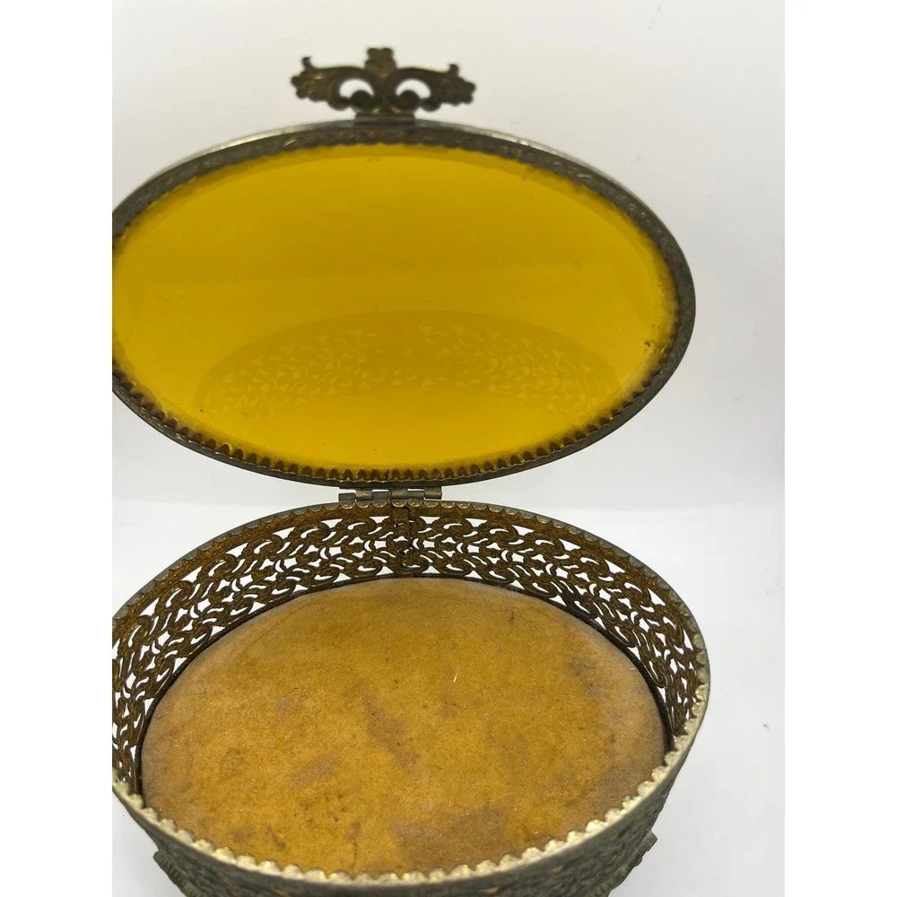Vintage Ornate Filigree Jewelry Box Amber‎ Glass Oval Footed Trinket Casket